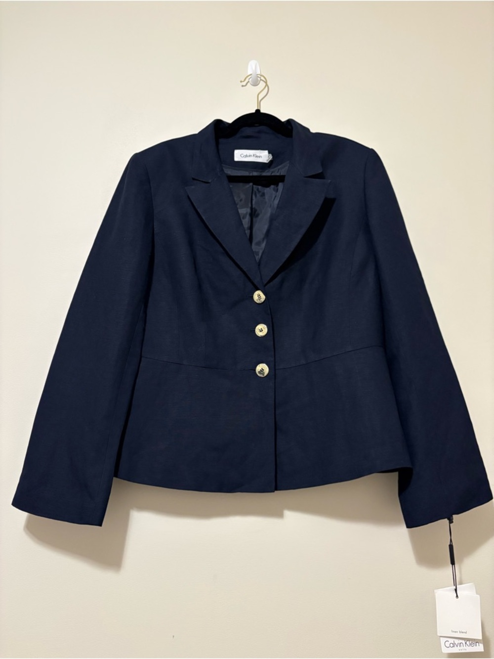 Calvin Klein Blaze Navy  blue Single-Breasted Notch Lapel  Linen Size 16